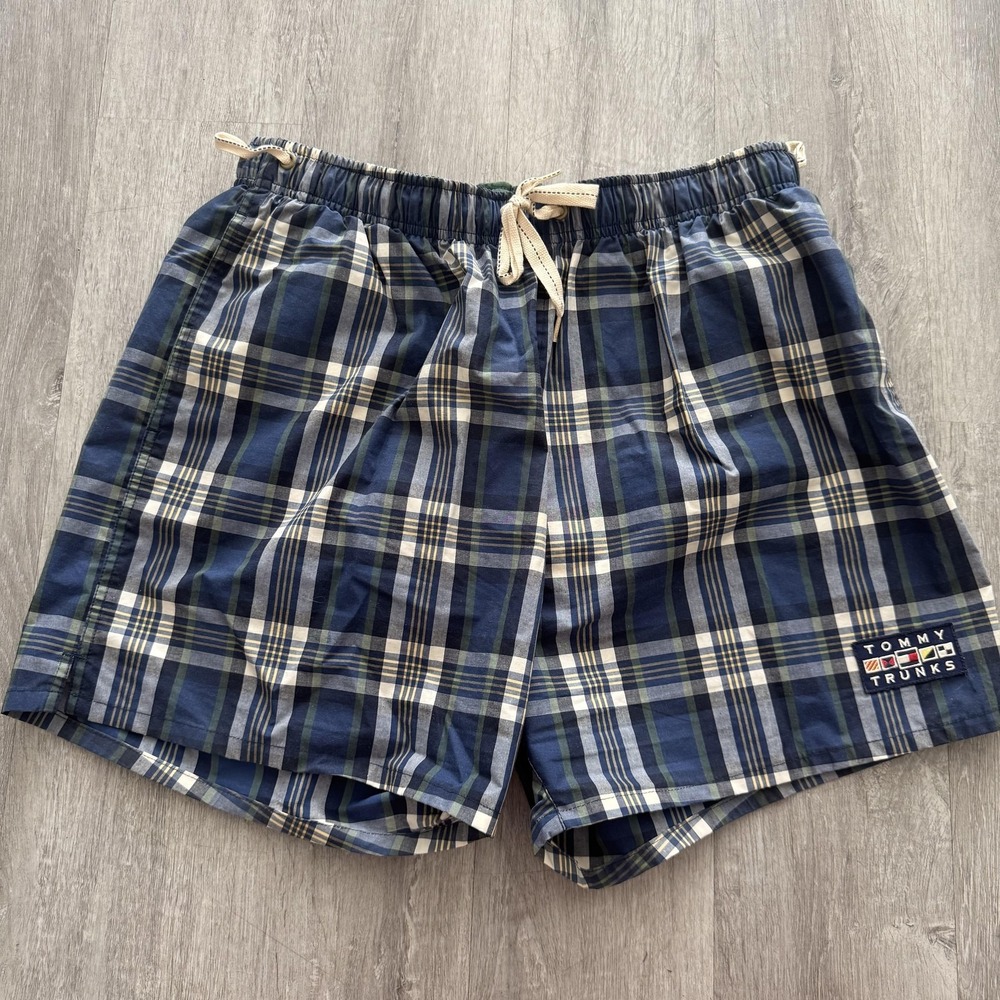 Vintage Tommy Hilfiger Shorts Mens Large Blue Plaid Cotton Swim Trunks Nautical
